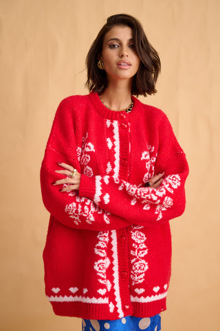 karavan clothing fashion fall winter 25 homecoming collection neville knitted cardigan red