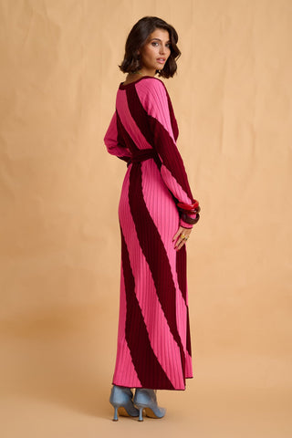 karavan clothing fashion fall winter 25 homecoming collection nisha knitted dress pink red stripes