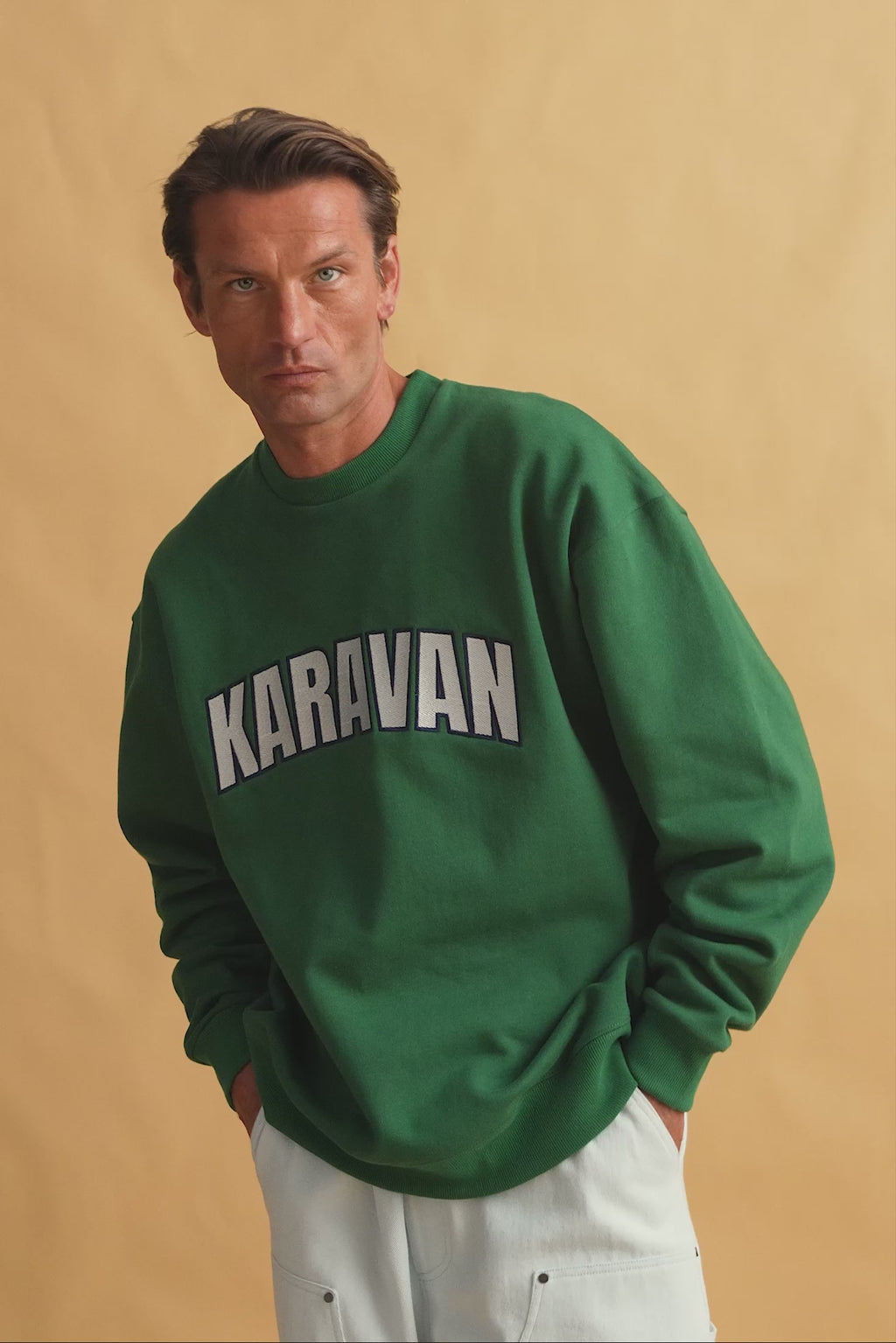 karavan clothing fashion fall winter 25 homecoming men collection adriel sweater crewneck green logo