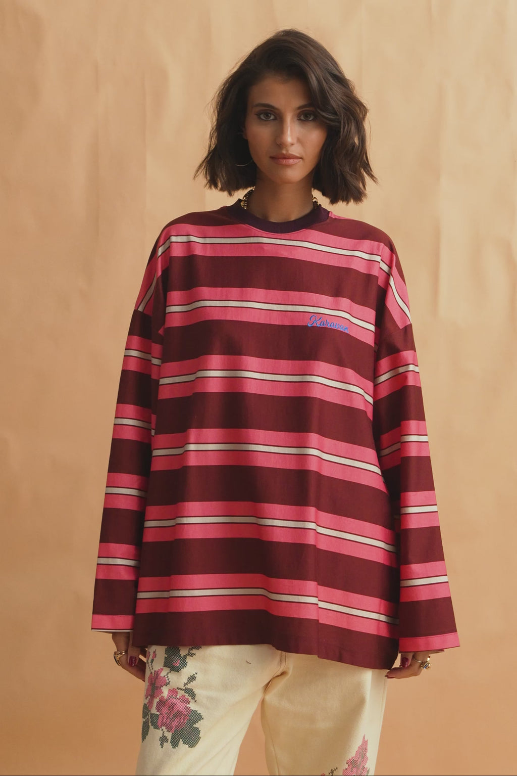 karavan clothing fashion fall winter 25 homecoming collection ginny longsleeve pink bordeaux stripes