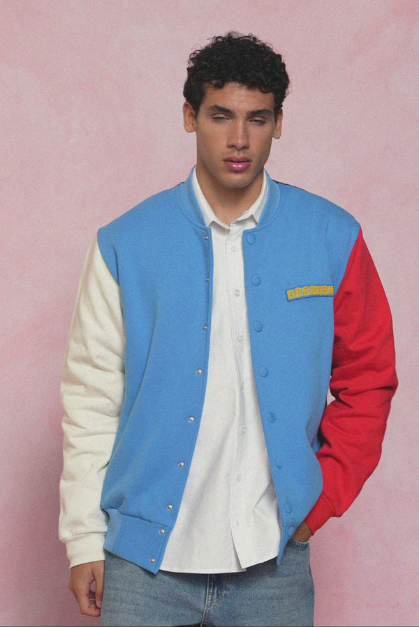 karavan men fall winter 26' collection leandro varsity jacket light blue ivory red