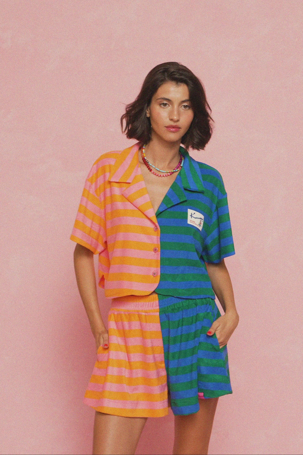 karavan clothing fashion spring summer 26 nai weekendwear collection maribel crop shirt orange pink green blue lines