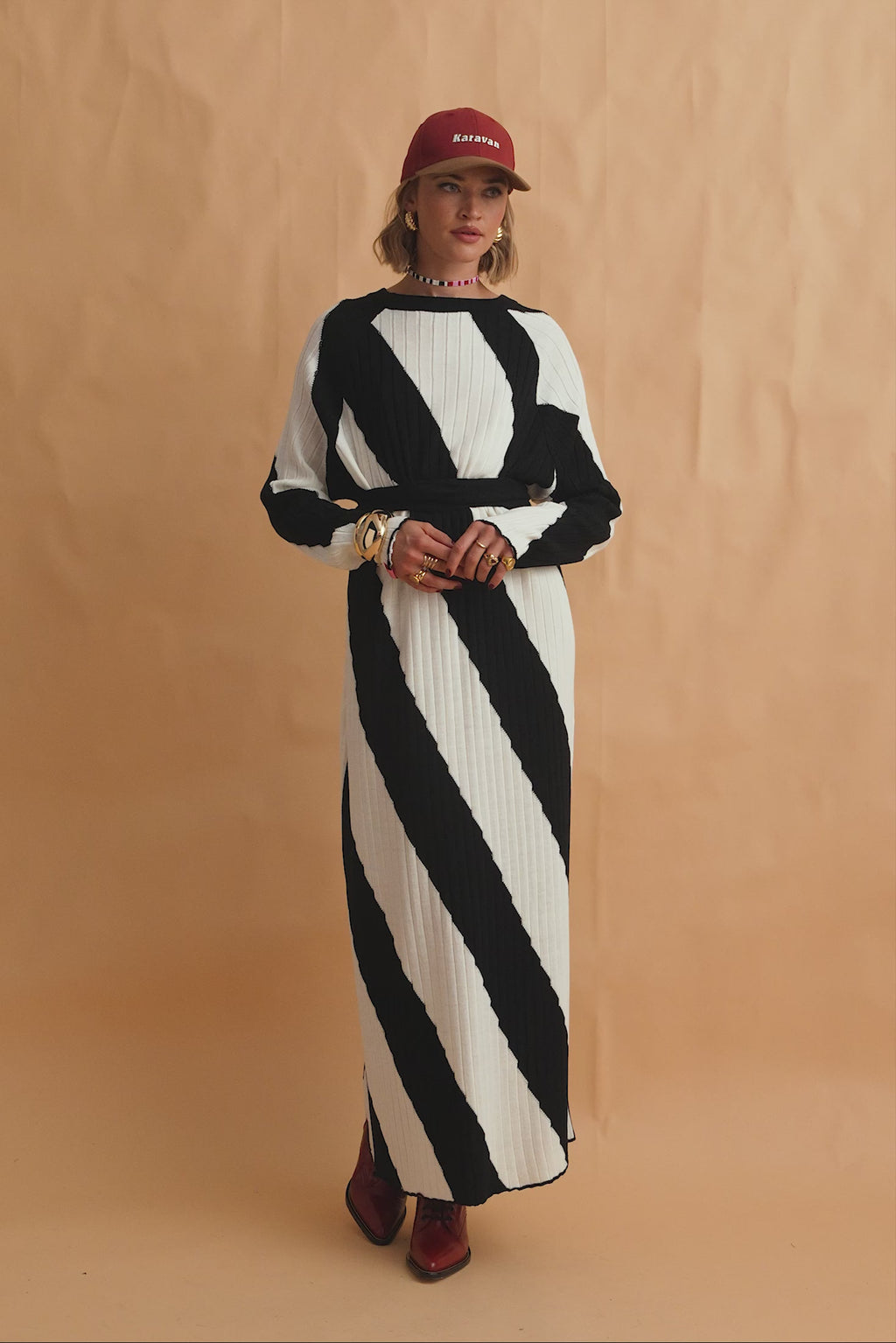 karavan clothing fashion fall winter 25 homecoming collection nisha knitted dress black white stripes