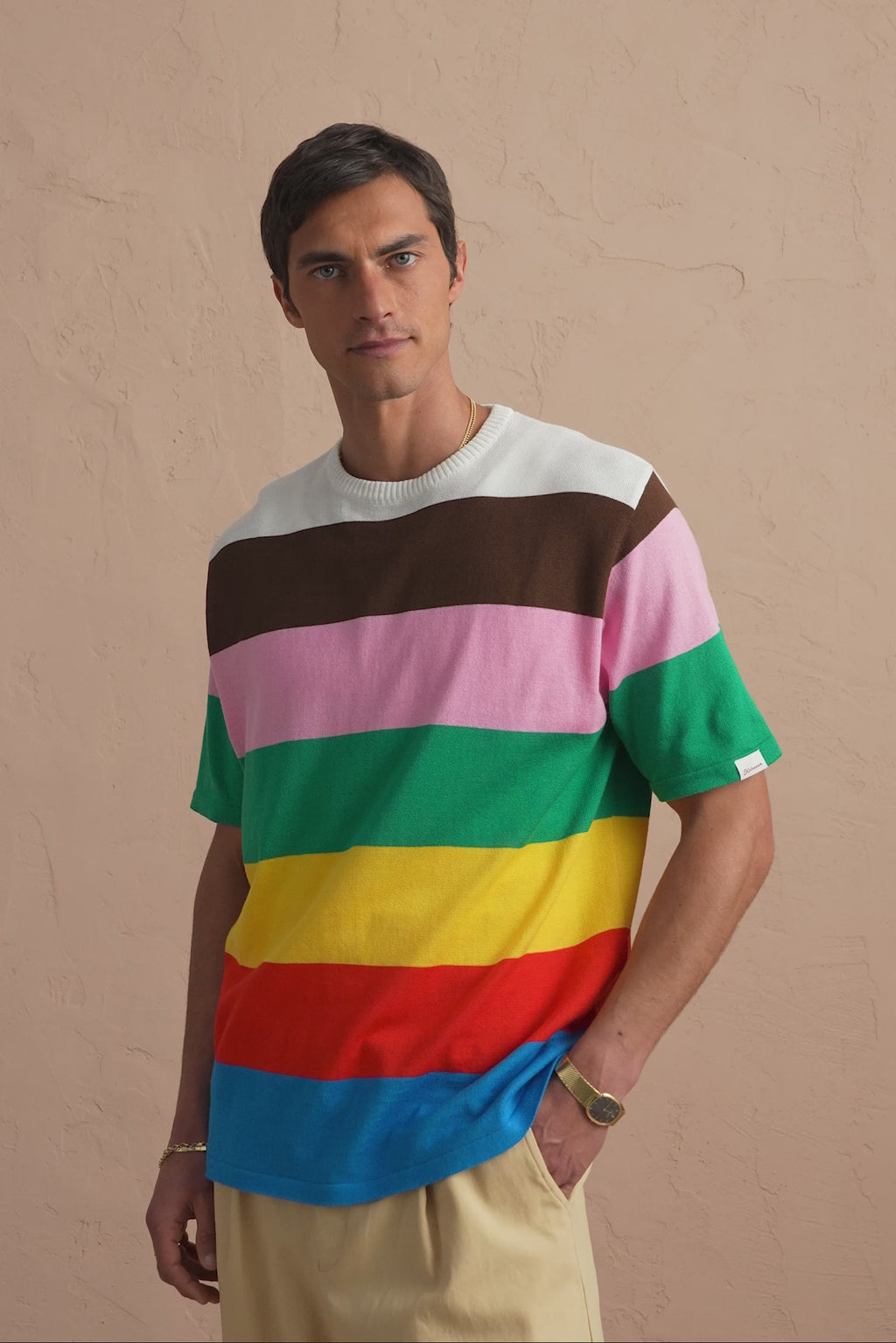karavan clothing tosa kalokairia spring summer 25 men collection gael knitted tee multicolor stripes