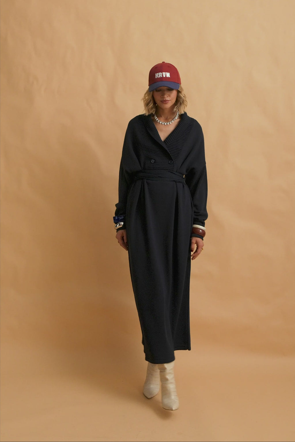 karavan clothing fashion fall winter 25 homecoming krvn collection naoko knitted dress dark blue