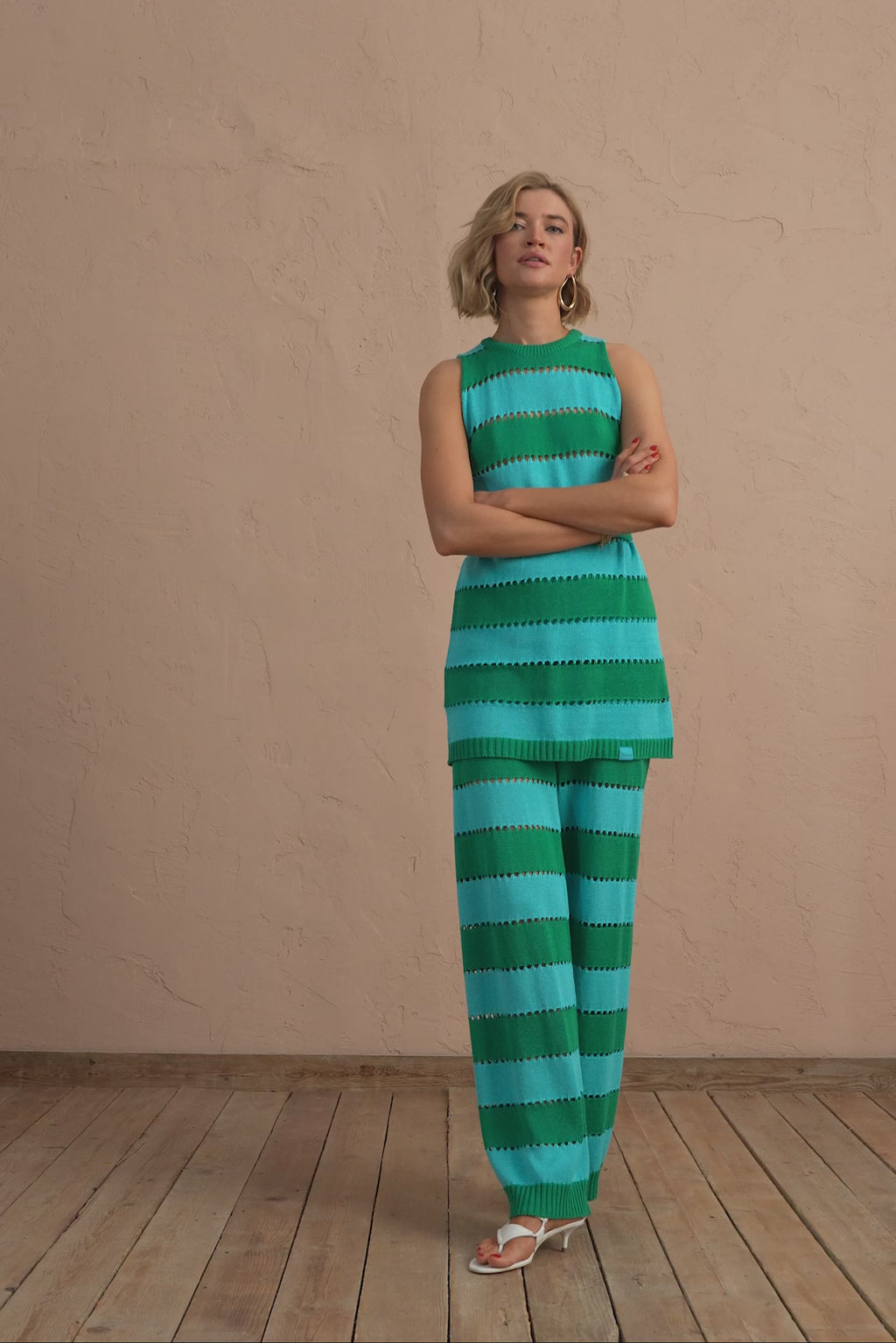 karavan clothing fashion spring summer 25 noa knitted trousers green light blue stripes