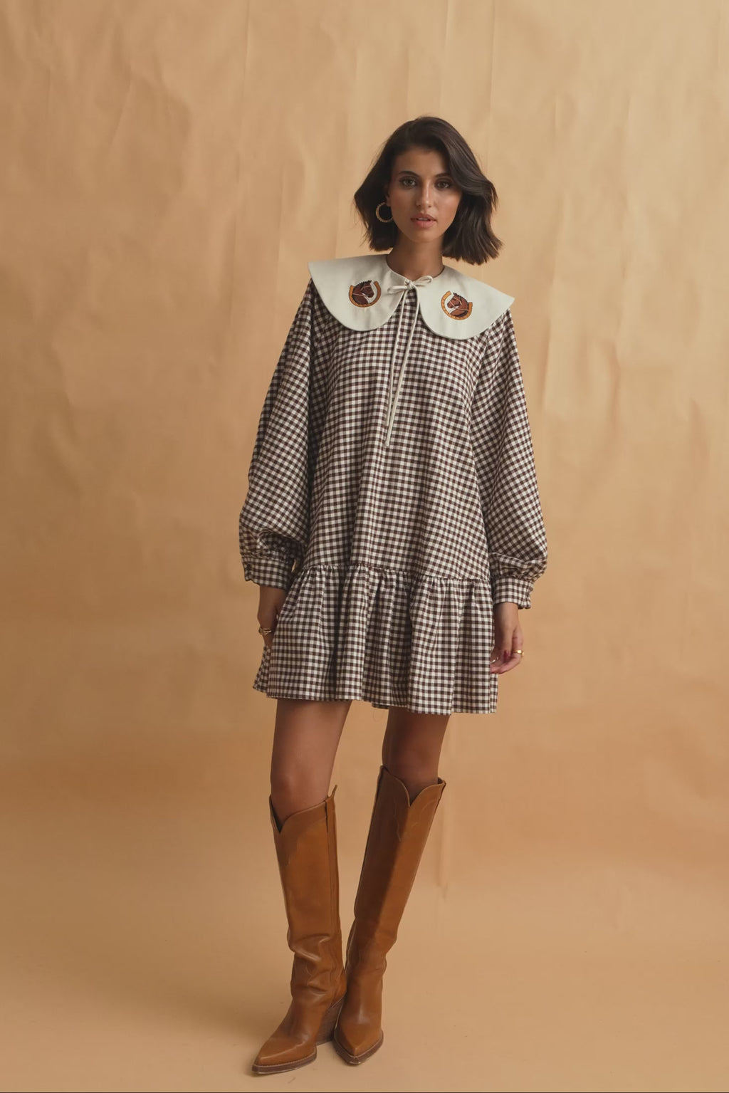 karavan clothing fashion fall winter 25 homecoming collection gillian mini dress brown checked