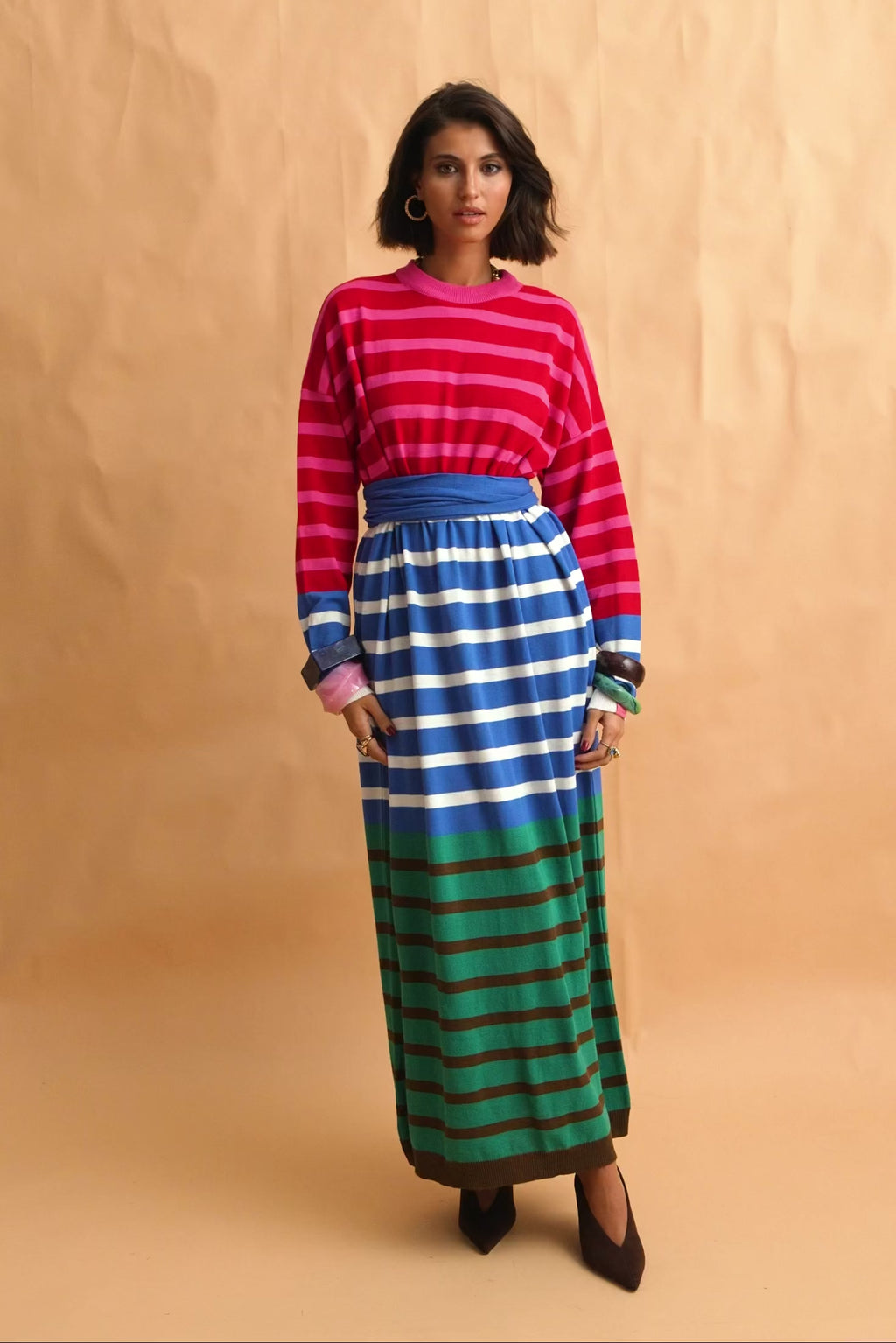 karavan clothing fashion fall winter 25 homecoming collection althea knitted dress blue red pink stripes