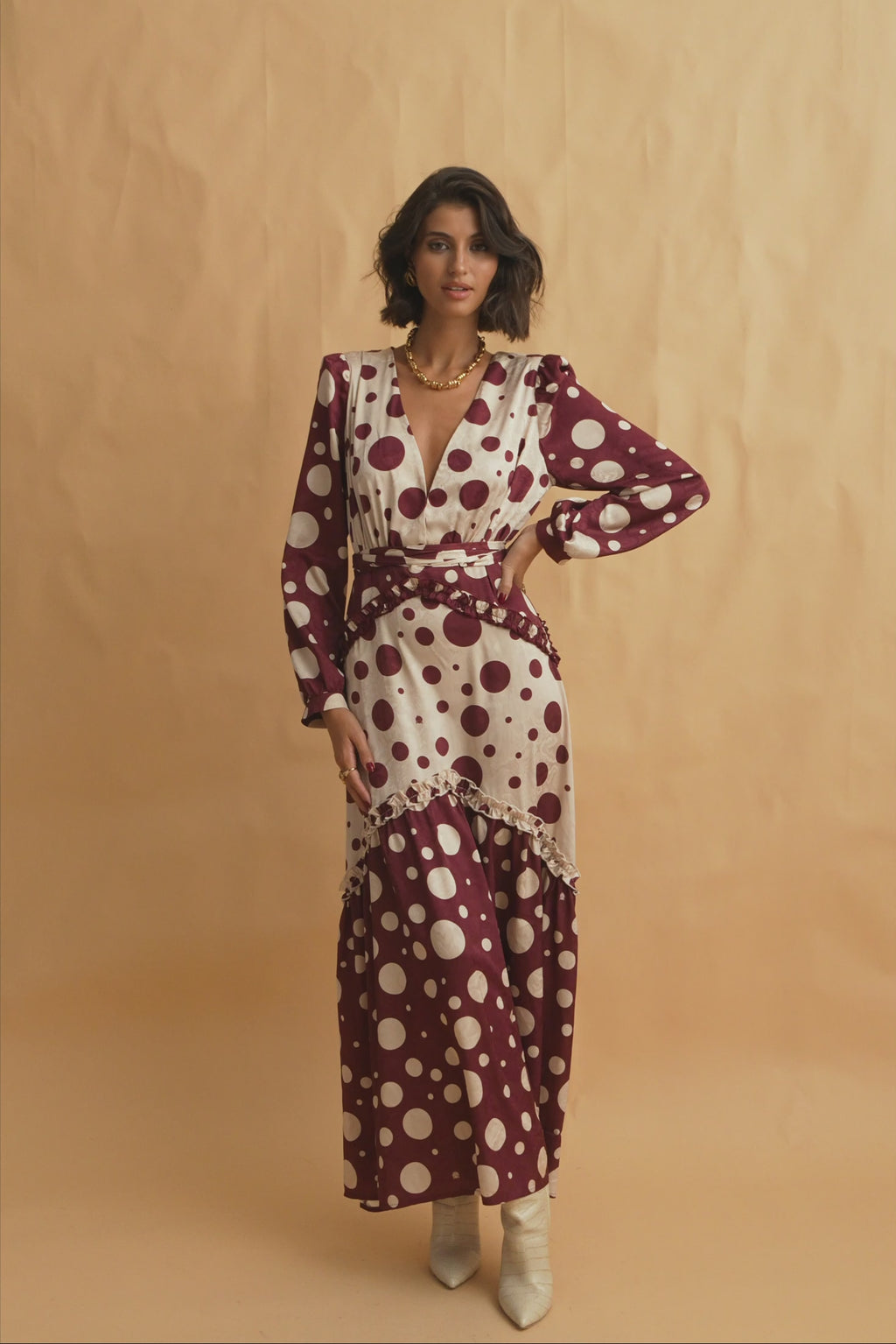 karavan clothing fashion fall winter 25 homecoming collection areta dress polka dots ivory bordeaux