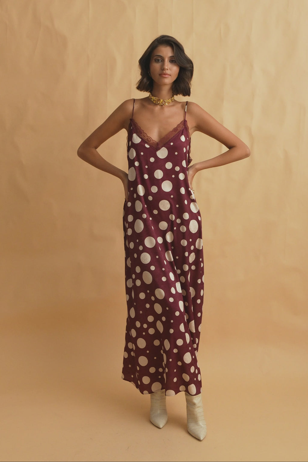 karavan clothing fashion fall winter 25 homecoming collection sophia dress bordeaux ivory polka dots