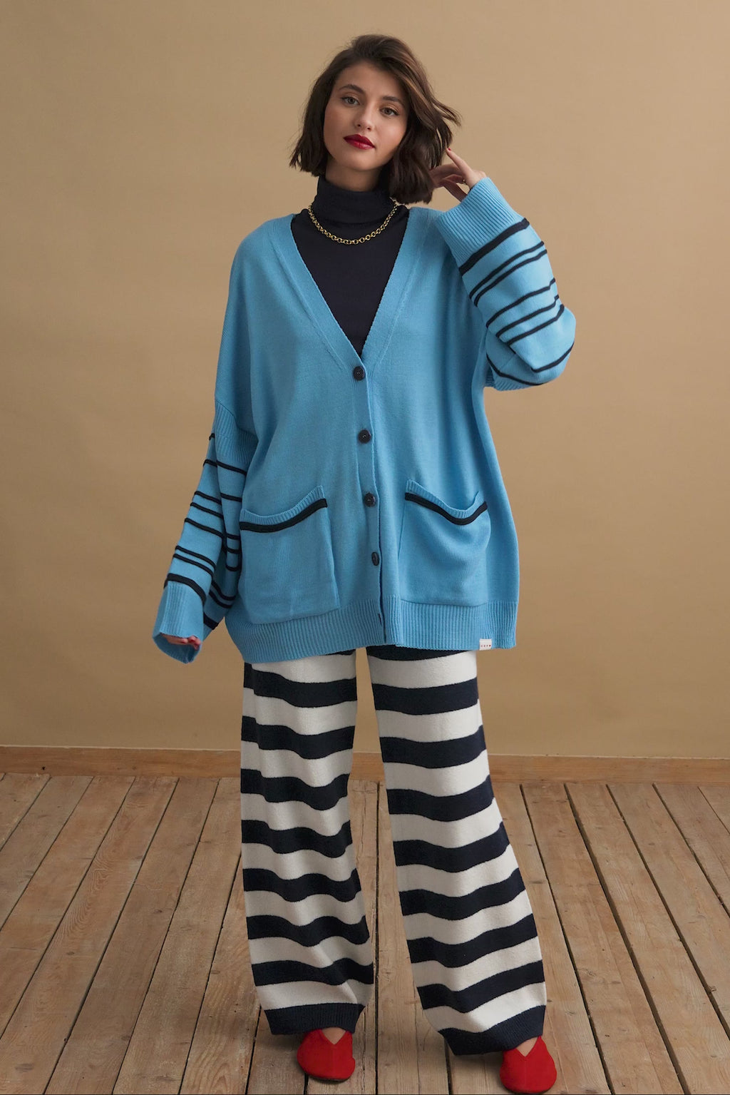 karavan clothing fashion KRVN well i did fall winter 24 25 francesca knitted trousers blue stripes