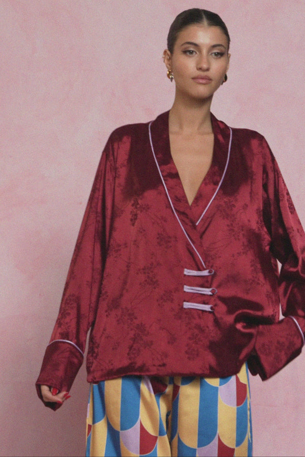 karavan loungewear planet fall winter 26' collection teresa shirt burgundy