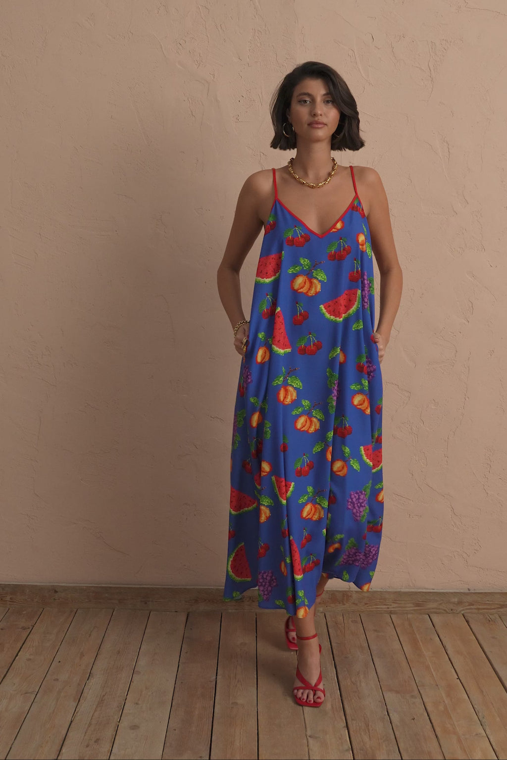 karavan clothing fashion spring summer 25 tati dress fruit pattern blue