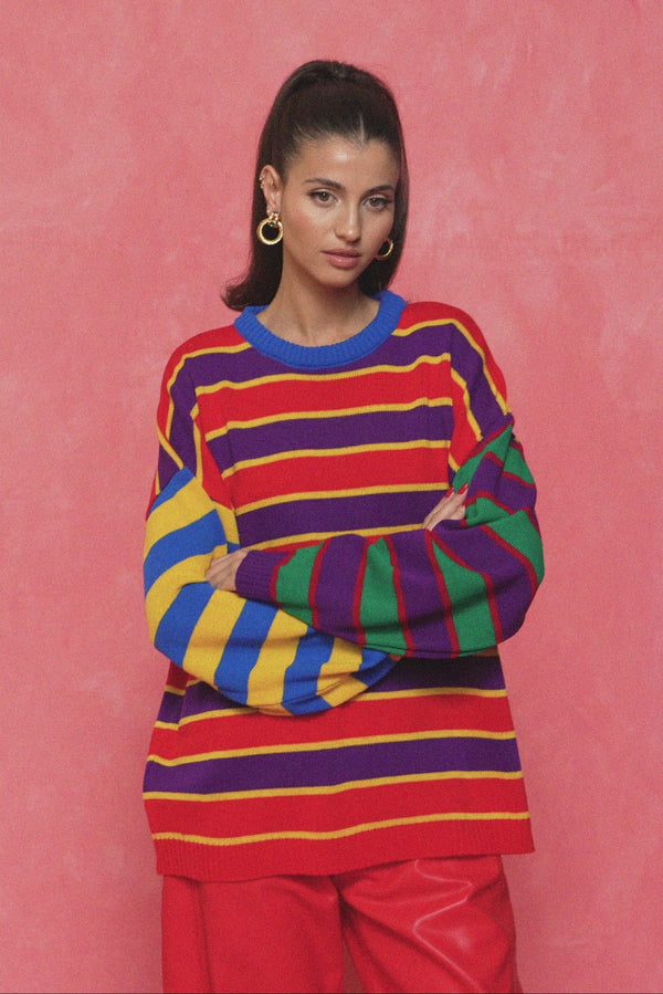 karavan fall winter 26' collection meryem knitted pullover red yellow purple green lines