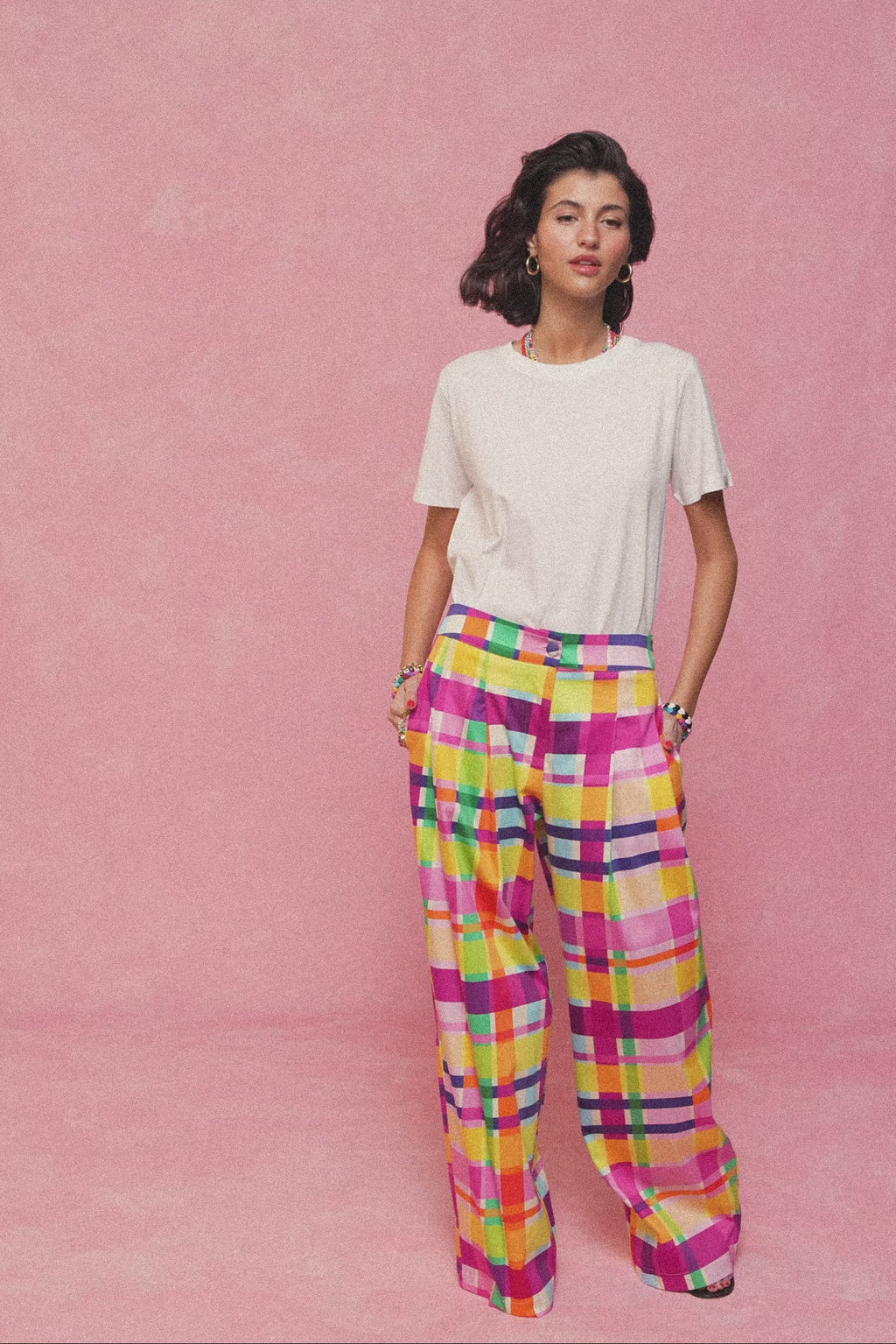 karavan clothing fashion spring summer 26 nai collection evita trousers magenta green yellow checked