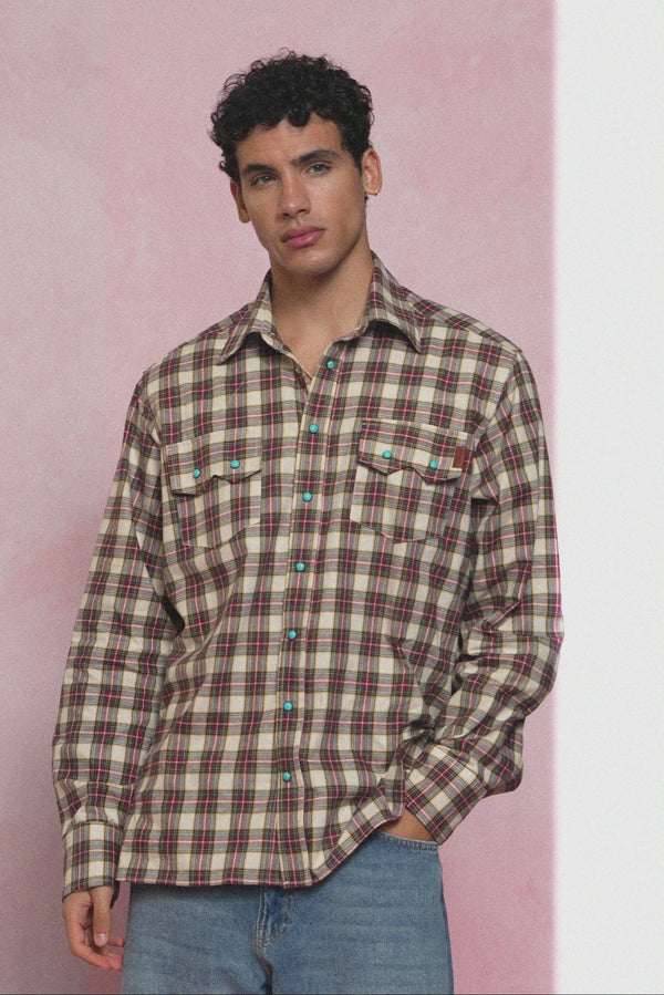 karavan men fall winter 26' collection sebastian shirt checked bordeaux ivory