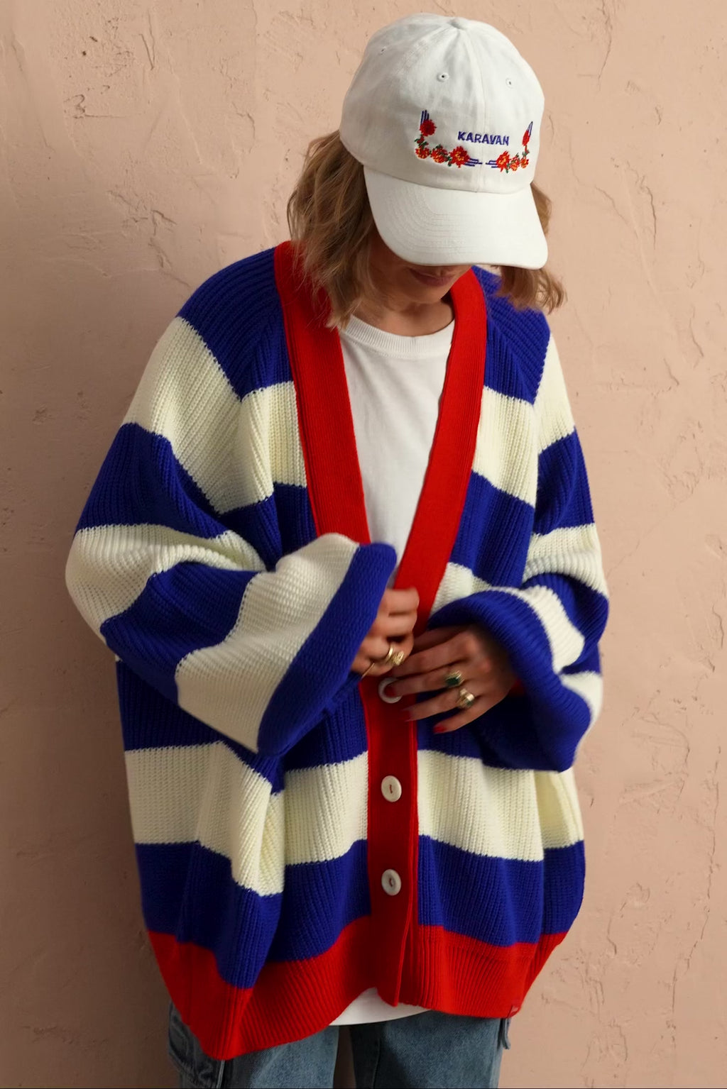 karavan clothing fashion spring summer 25 belinda knitted cardigan blue red