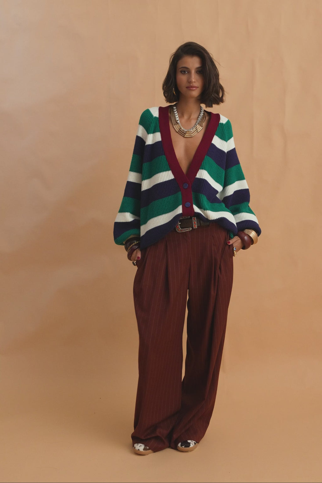 karavan clothing fashion fall winter 25 homecoming collection kaida trousers brown white stripes