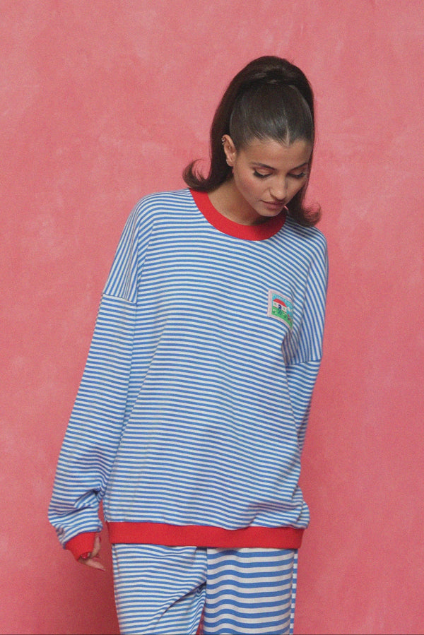 karavan loungewear planet fall winter 26' collection nariz sweater blue lines