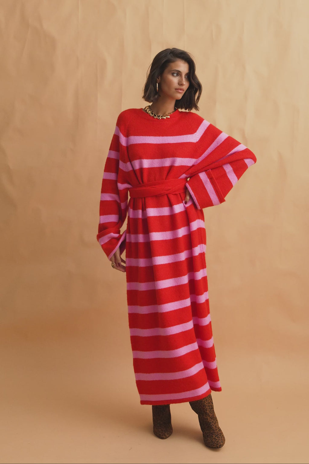 karavan clothing fashion fall winter 25 homecoming collection amira knitted dress pink red stripes