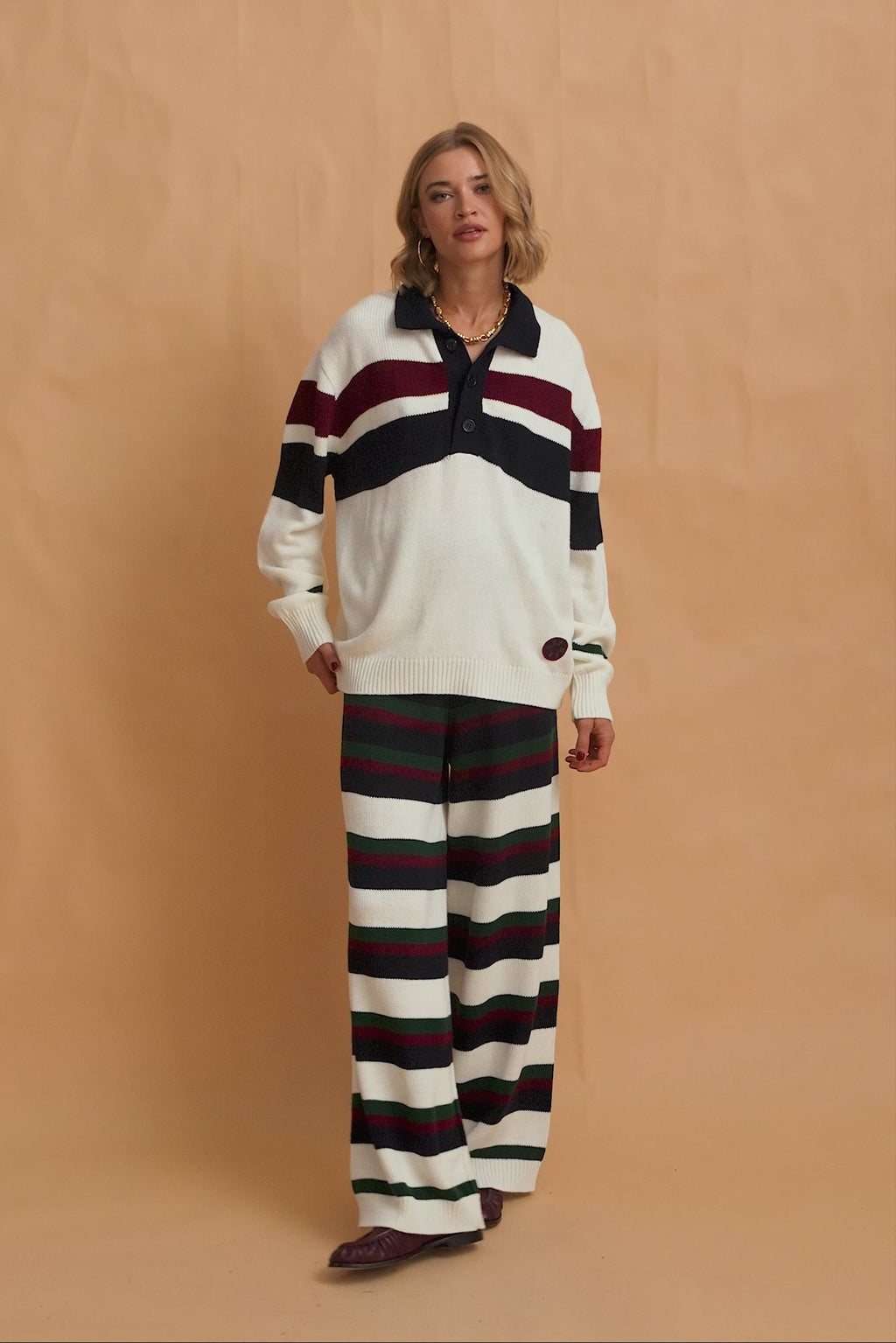 karavan clothing fashion fall winter 25 homecoming krvn collection brooke knitted trousers blue green bordeaux stripes