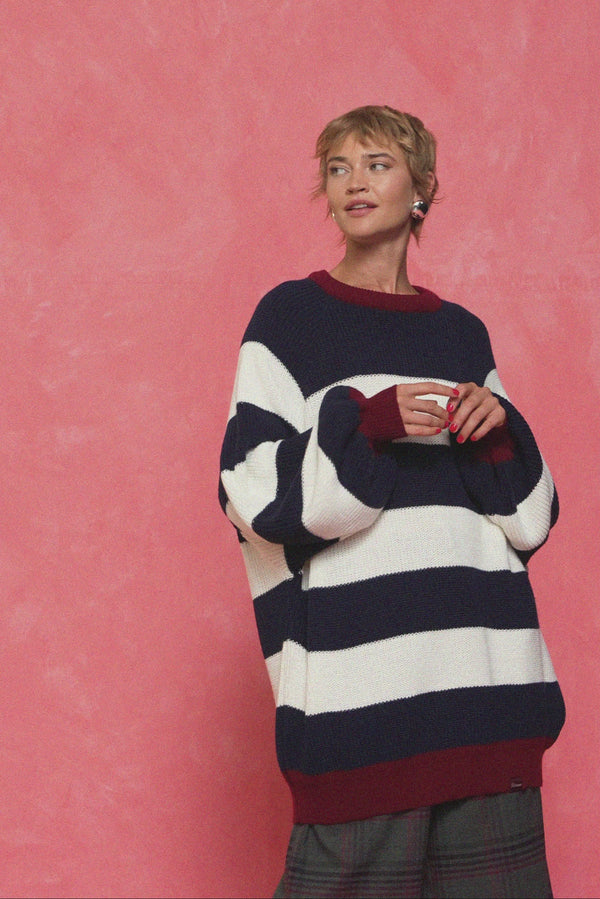 karavan fall winter 26' collection adeline knitted pullover blue ivory