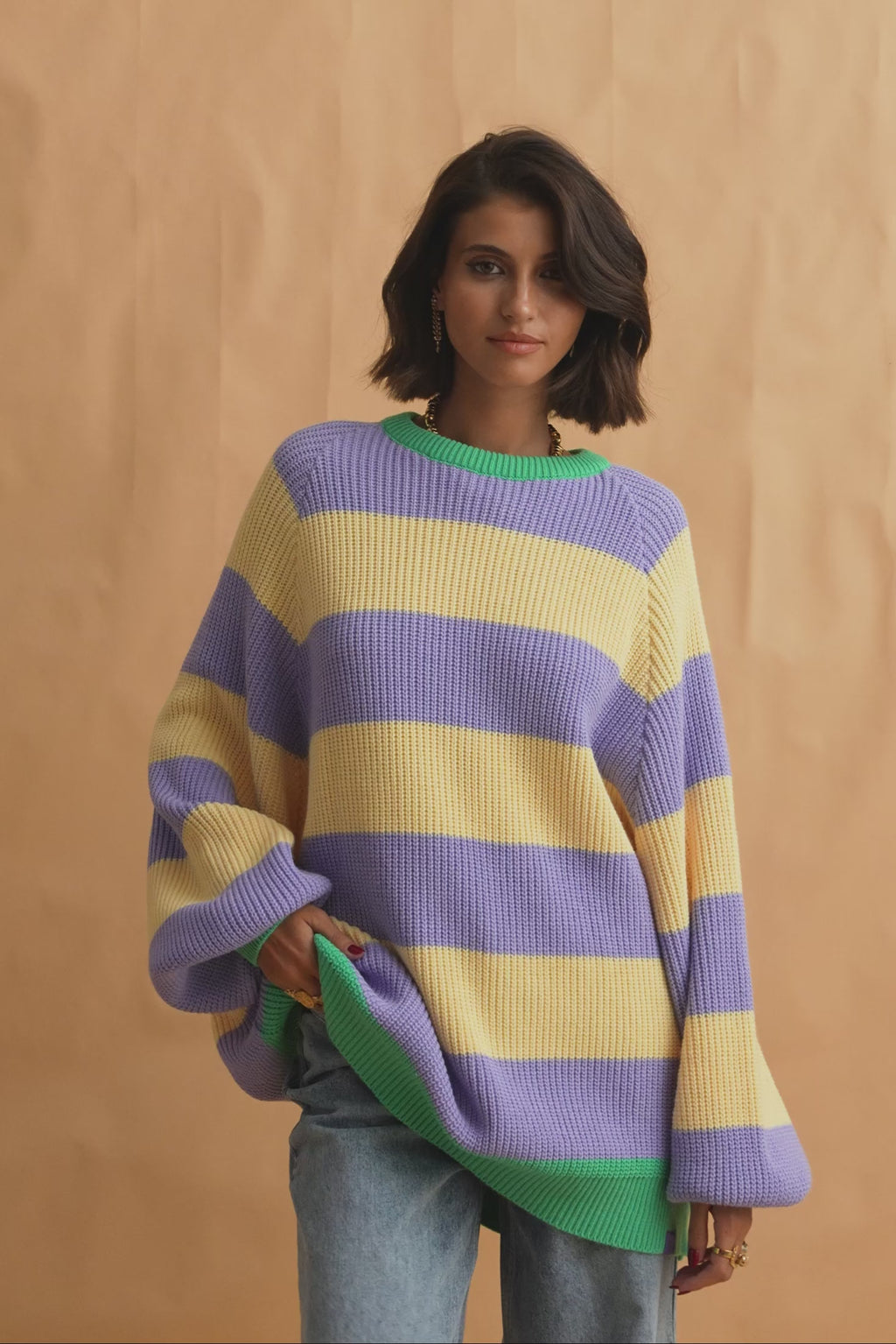 karavan clothing fashion fall winter 25 homecoming collection adeline pullover yellow lilac stripes