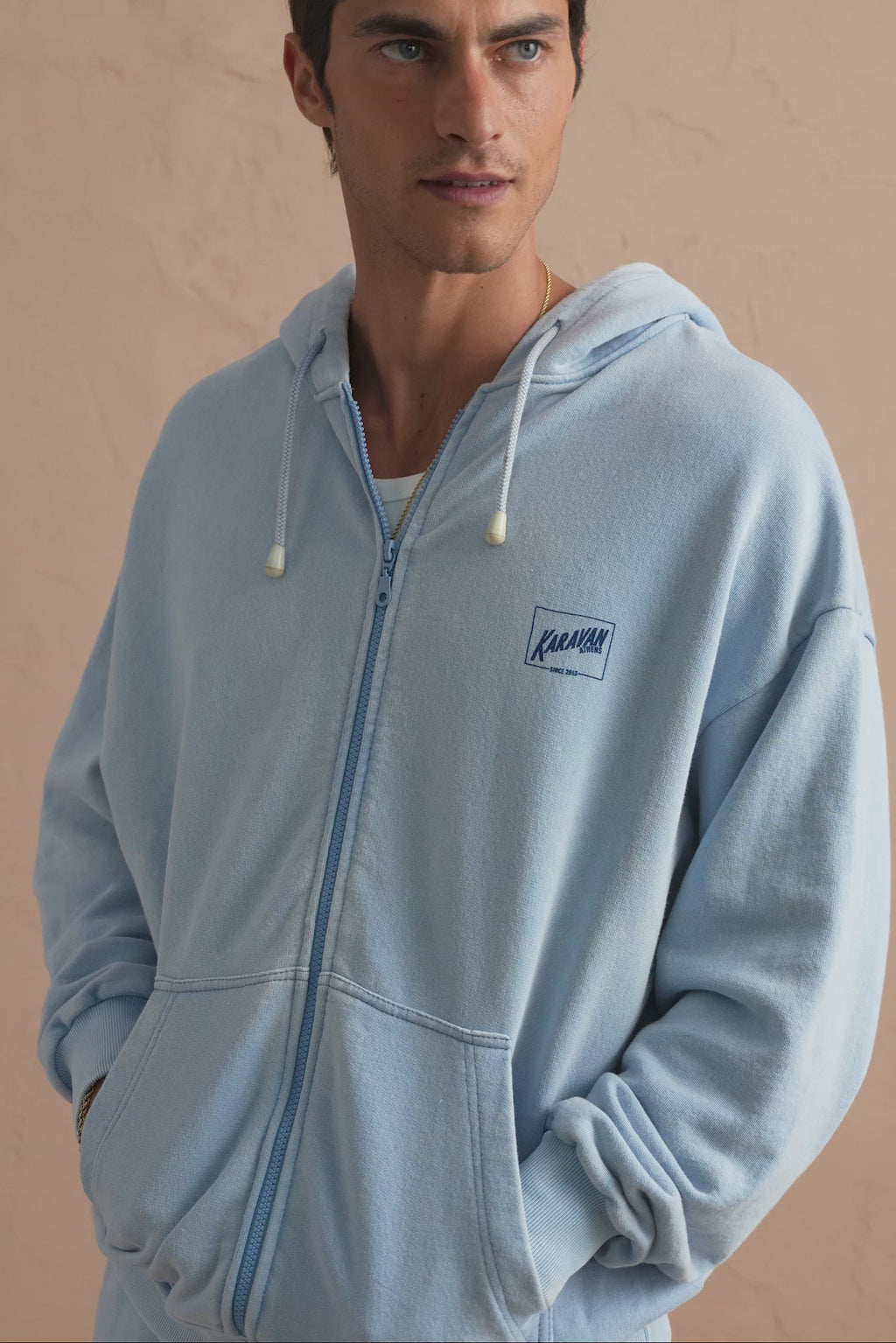 karavan clothing tosa kalokairia spring summer 25 men collection farrel zip hoodie ciel