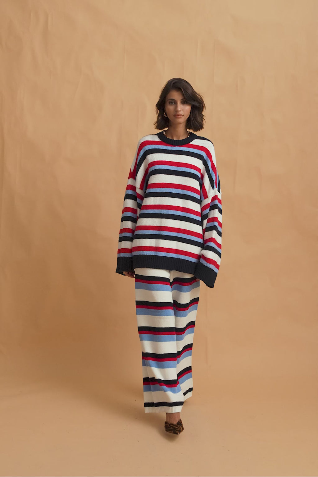 karavan clothing fashion fall winter 25 homecoming krvn collection lumi knitted trousers blue red ivory stripes