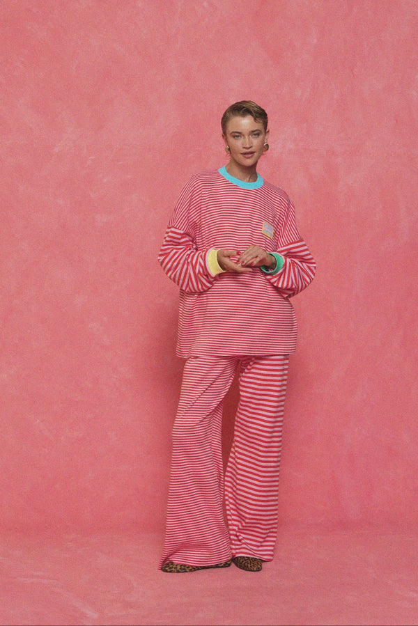 karavan loungewear planet fall winter 26' collection mellow trousers pink red lines