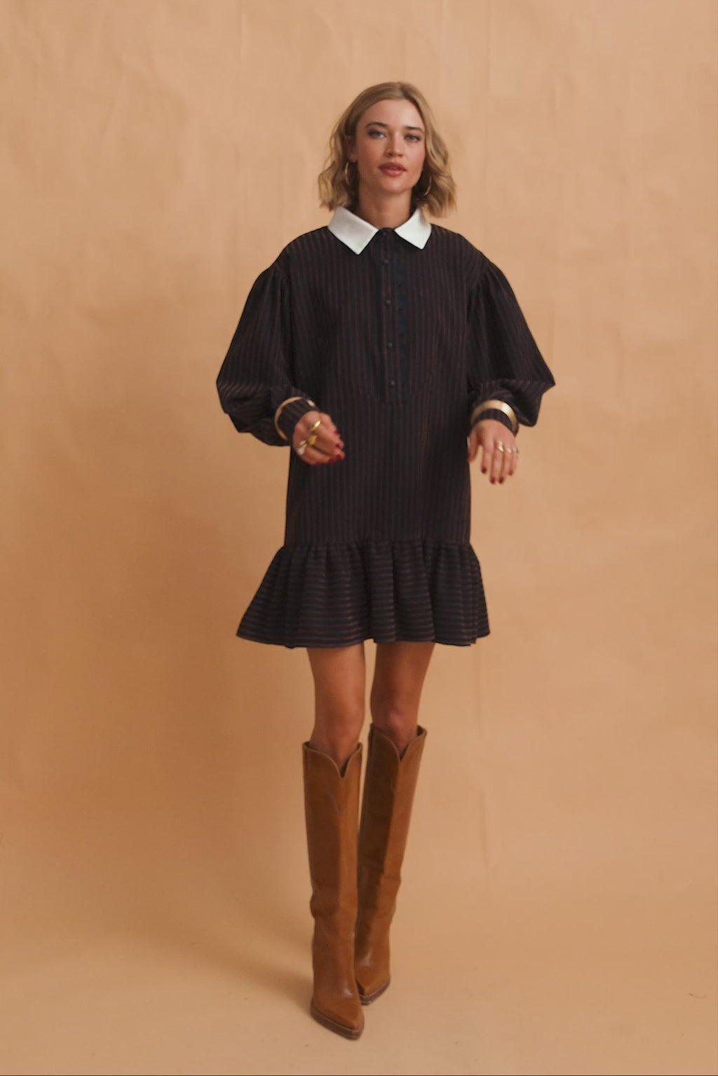 karavan clothing fashion fall winter 25 homecoming krvn collection amber mini dress blue brown stripes