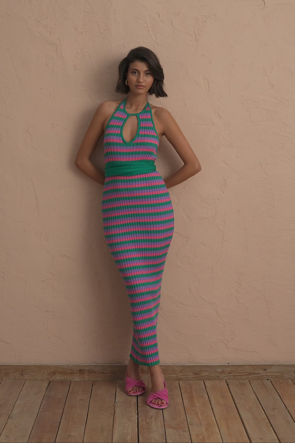 karavan clothing fashion spring summer 25 alexia knitted dress green pink stripes