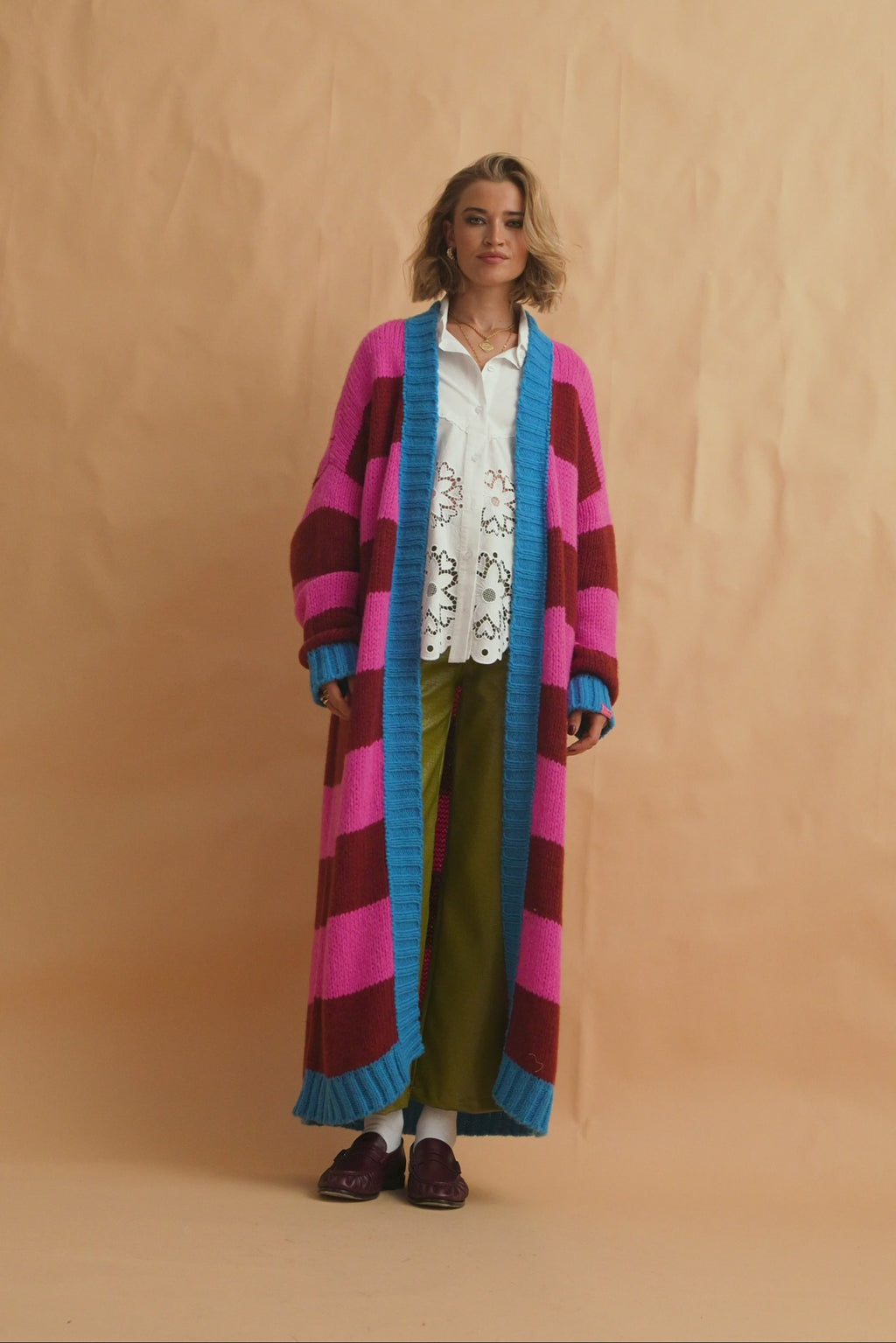 karavan clothing fashion fall winter 25 homecoming collection carmen cardigan bordeaux pink turquoise stripes