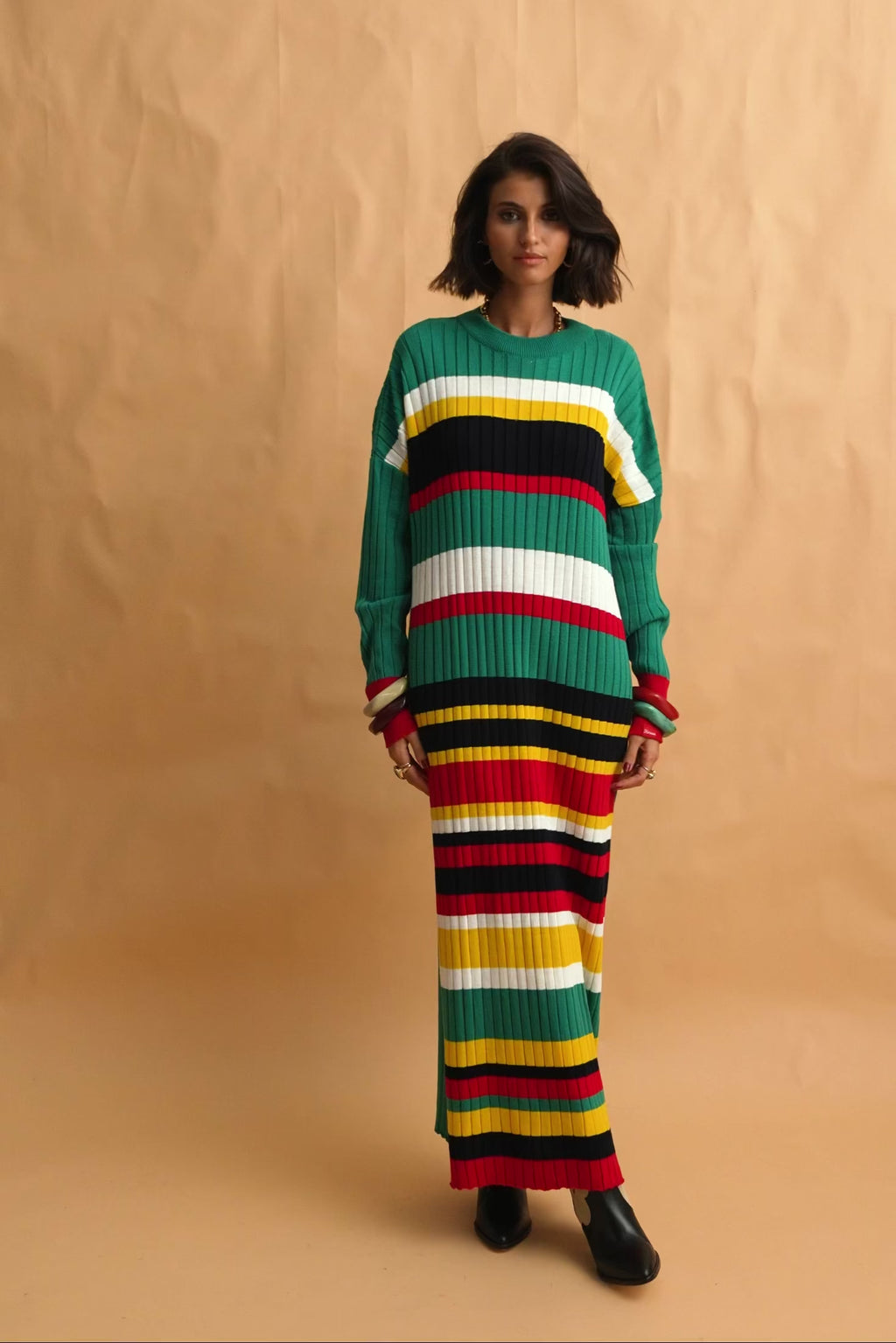 karavan clothing fashion fall winter 25 homecoming collection ariadne knitted dress green yellow black stripes
