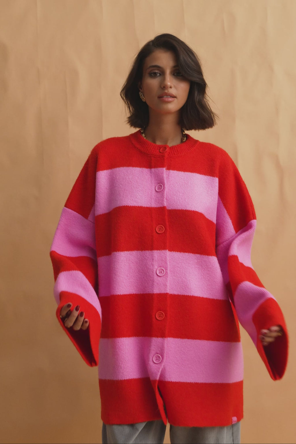 karavan clothing fashion fall winter 25 homecoming collection virginia knitted cardigan pink red stripes