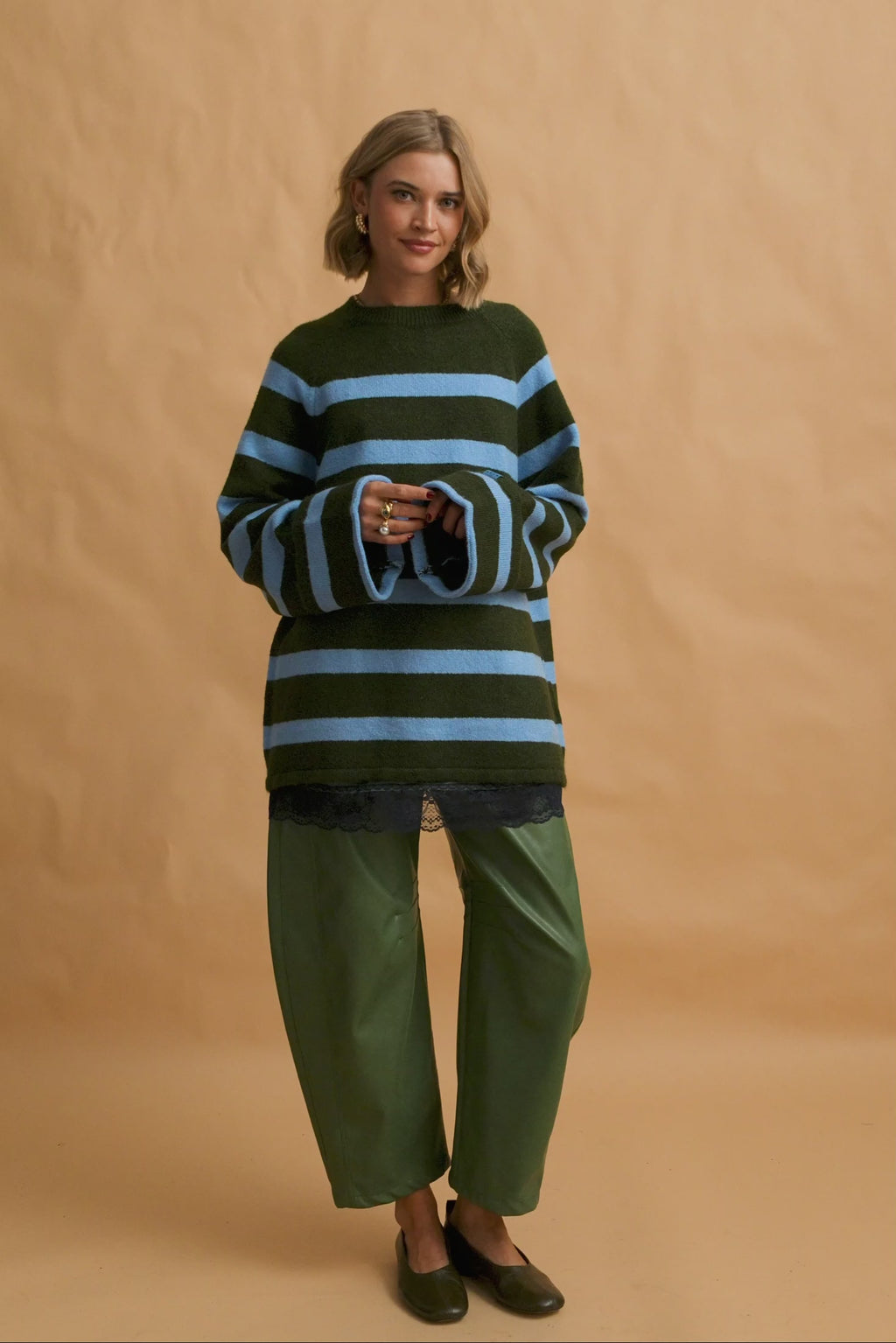 karavan clothing fashion fall winter 25 homecoming krvn collection amaryllis sweater light blue khaki stripes