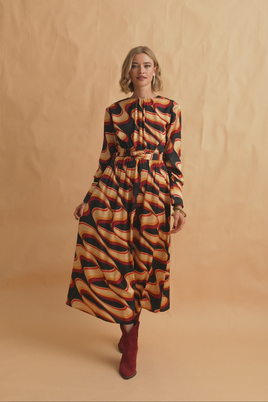 karavan clothing fashion fall winter 25 homecoming collection cate dress abstract bordeaux yellow