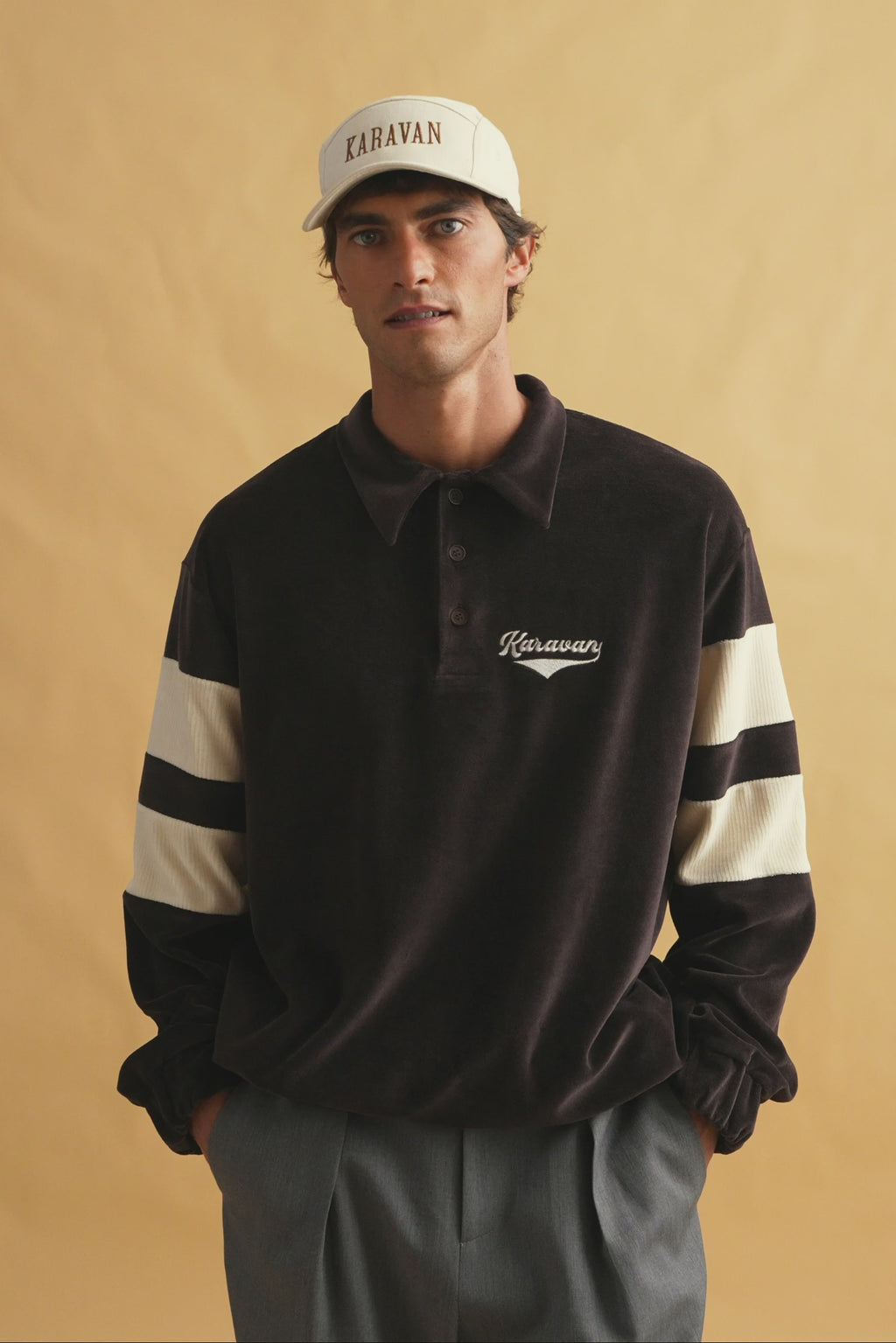 karavan clothing fashion fall winter 25 homecoming men collection albert polo sweater brown ivory