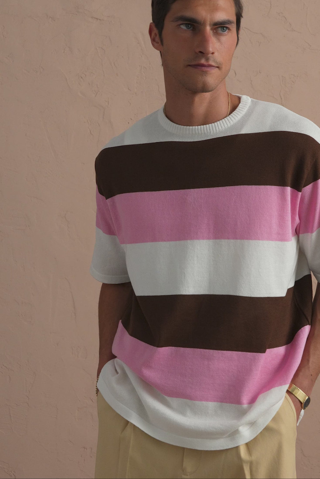 karavan clothing tosa kalokairia spring summer 25 men collection gael knitted tee brown pink stripes