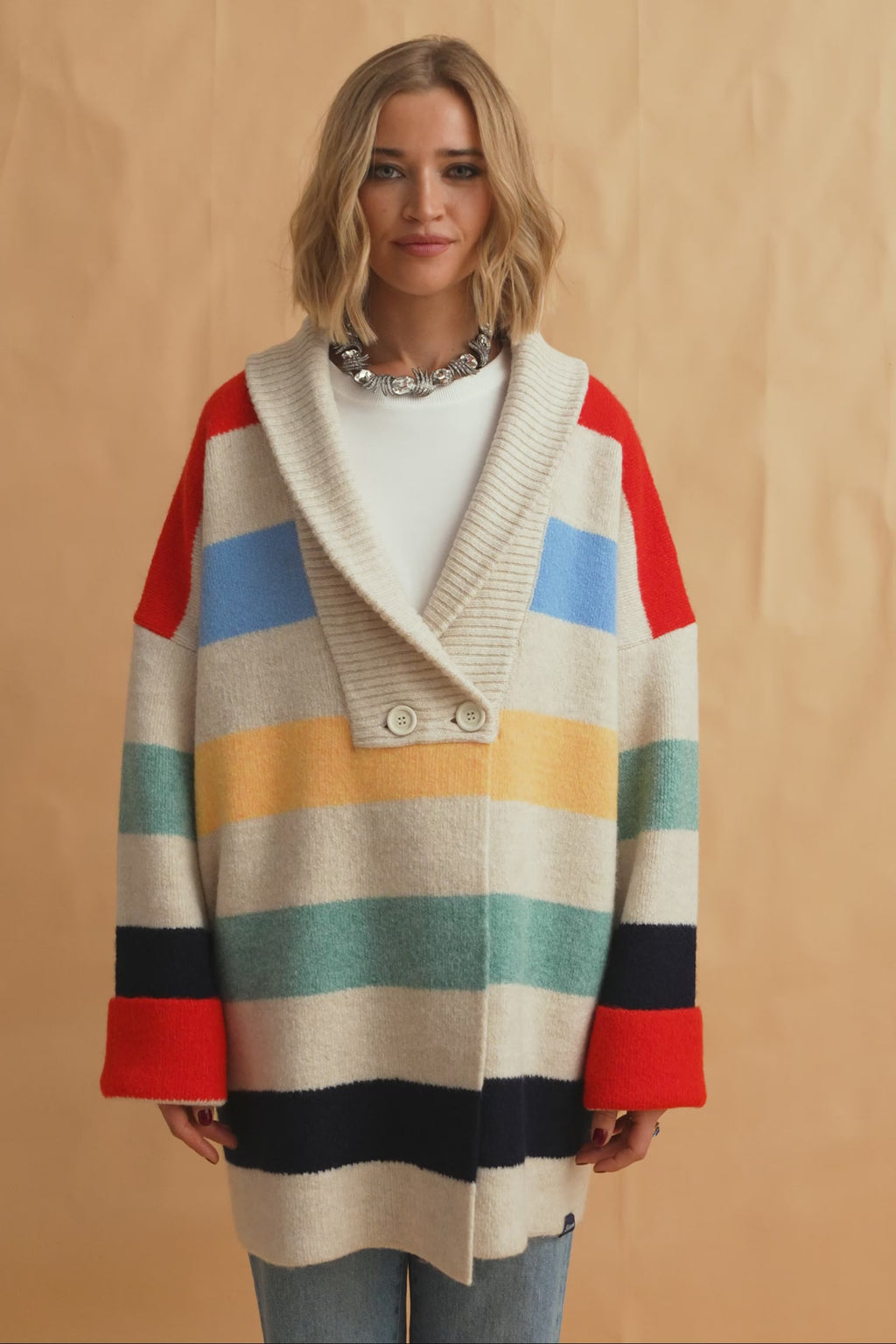 karavan clothing fashion fall winter 25 homecoming collection helga knitted cardigan multicolor stripes
