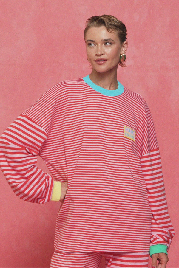 karavan loungewear planet fall winter 26' collection rosalin sweater pink red lines