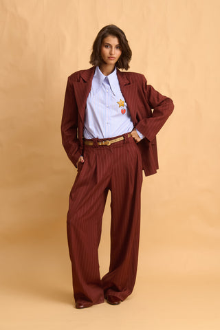 karavan clothing fashion fall winter 25 homecoming collection kaida trousers brown white stripes