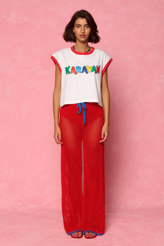 karavan clothing fashion spring summer 26 nai weekendwear collection ruby knitted trousers red blue