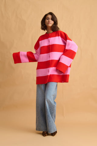 karavan clothing fashion fall winter 25 homecoming collection virginia knitted cardigan pink red stripes