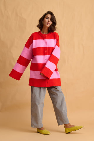 karavan clothing fashion fall winter 25 homecoming collection virginia knitted cardigan pink red stripes