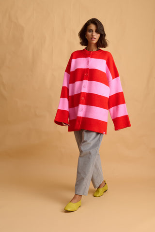 karavan clothing fashion fall winter 25 homecoming collection virginia knitted cardigan pink red stripes