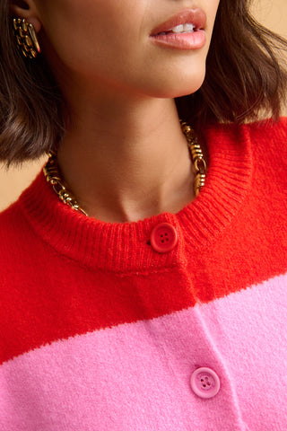 karavan clothing fashion fall winter 25 homecoming collection virginia knitted cardigan pink red stripes