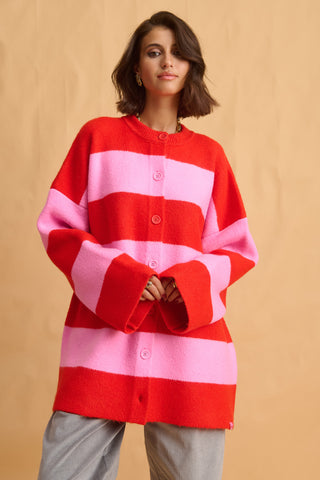 karavan clothing fashion fall winter 25 homecoming collection virginia knitted cardigan pink red stripes